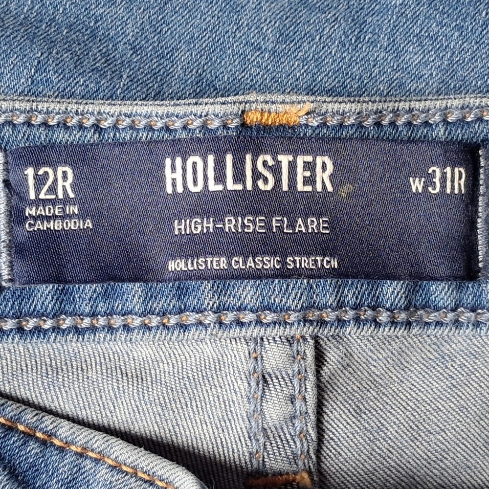 Hollister High-Rise Flare Jeans Medium Wash Distressed Ripped Knee 12R W31R - Picture 7 of 10